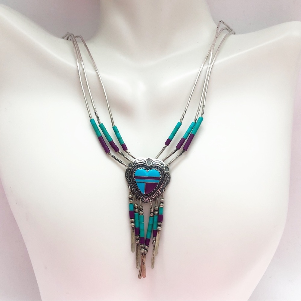 Southwestern Liquid Silver Inlay Turquoise Sugilite Sterling Heart Necklace - Picture 3 of 12